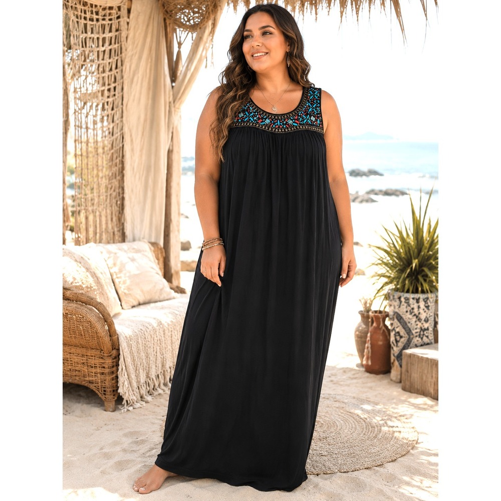 MICHAEL KORS Black Sleevelss Tank Maxi Dress Size 1X  Beaded Neckline Boho Beach